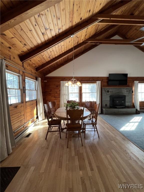 dining area featuring vaulted ceiling with beams, wood walls, a chandelier, wooden ceiling, and hardwood / wood-style flooring