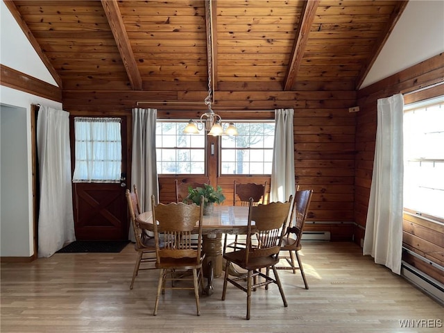 dining area with wood ceiling, light hardwood / wood-style flooring, and lofted ceiling with beams