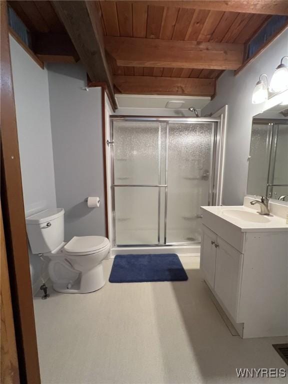 bathroom featuring a shower with door, beam ceiling, vanity, wooden ceiling, and toilet