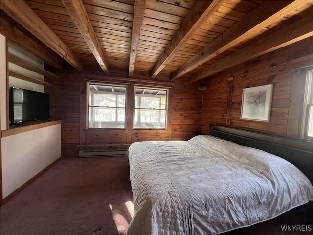 unfurnished bedroom with wooden ceiling, wood walls, a baseboard heating unit, and beamed ceiling