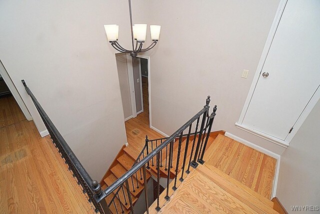 staircase with hardwood / wood-style flooring and a notable chandelier