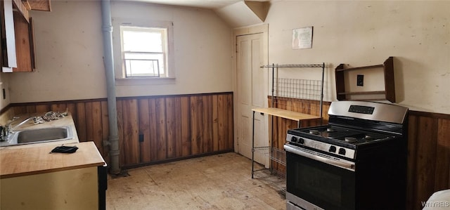 kitchen with wooden walls, sink, and stainless steel gas stove