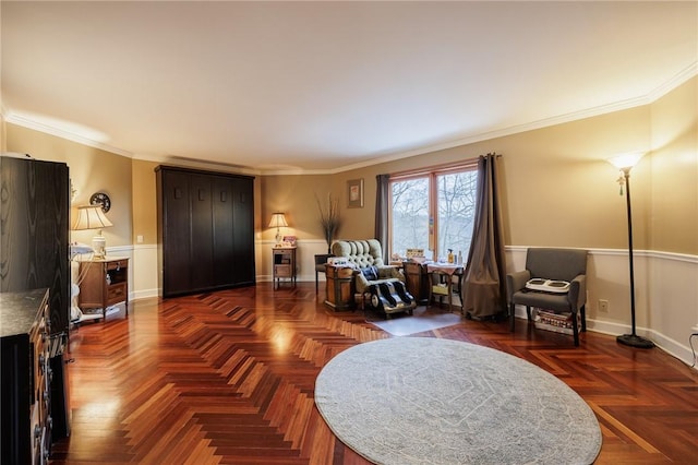 living room featuring ornamental molding and dark parquet flooring