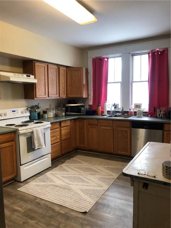 kitchen with sink, dark wood-type flooring, and appliances with stainless steel finishes