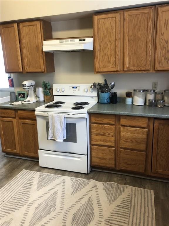 kitchen featuring electric range and dark hardwood / wood-style floors