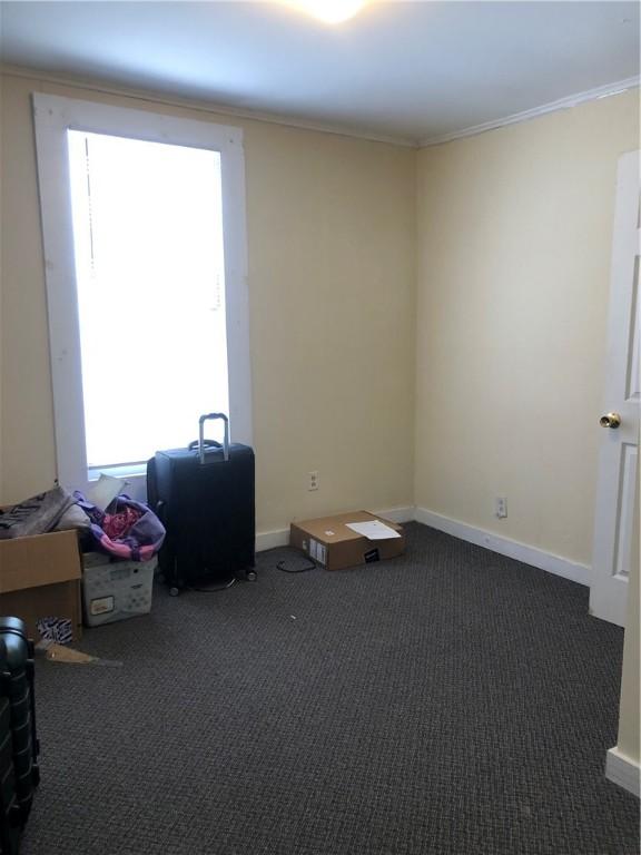 miscellaneous room featuring ornamental molding and dark colored carpet