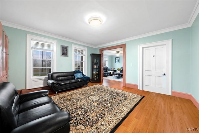 living room with hardwood / wood-style flooring and ornamental molding