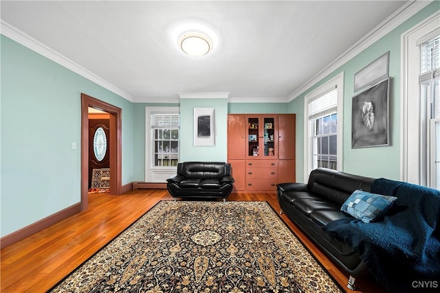 living room with ornamental molding, a wealth of natural light, and light hardwood / wood-style floors