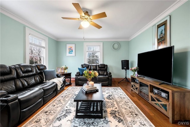 living room with crown molding, ceiling fan, and hardwood / wood-style flooring