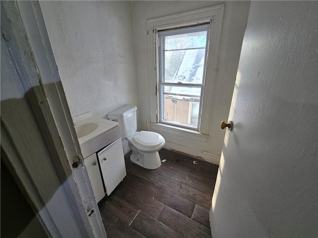 bathroom with vanity, hardwood / wood-style floors, and toilet