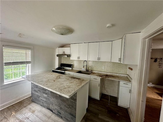 kitchen with hardwood / wood-style floors, tasteful backsplash, sink, white cabinets, and stove