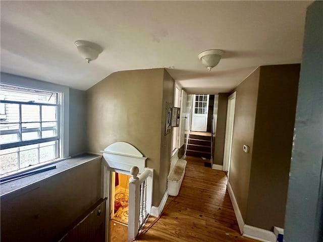 interior space featuring lofted ceiling and dark hardwood / wood-style floors