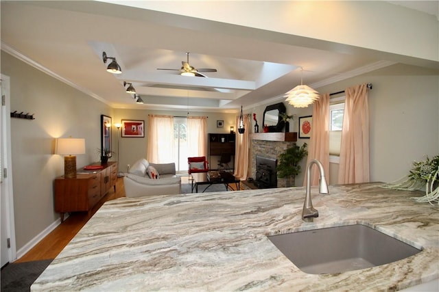 kitchen with crown molding, a stone fireplace, dark hardwood / wood-style flooring, and sink