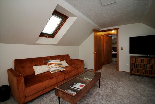 carpeted living room featuring lofted ceiling and a textured ceiling