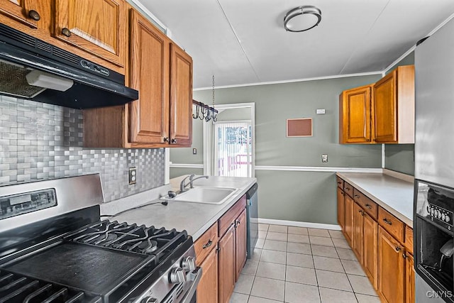 kitchen featuring light tile patterned flooring, sink, crown molding, tasteful backsplash, and stainless steel appliances