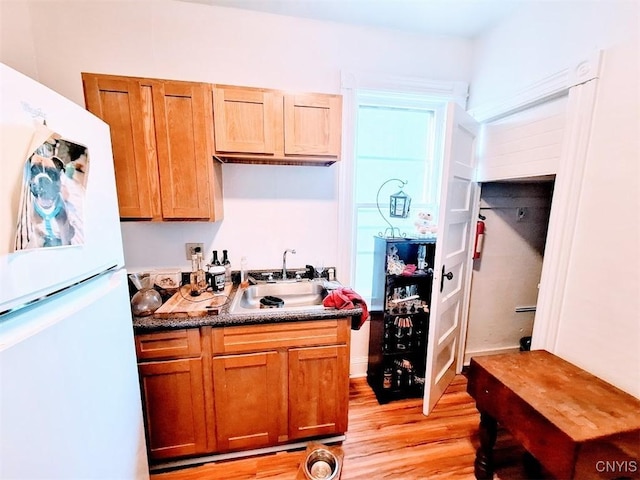 kitchen with sink, light hardwood / wood-style flooring, and white fridge