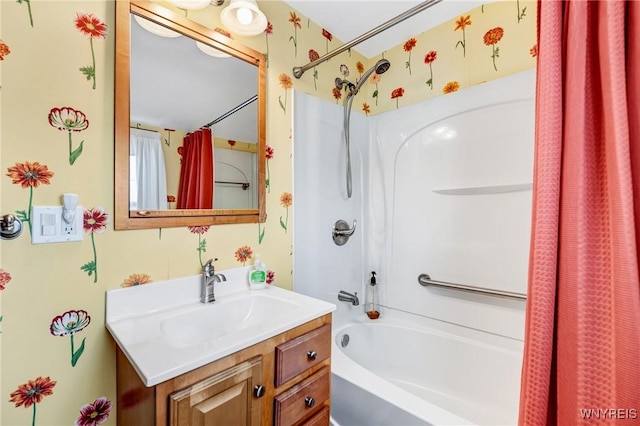 bathroom with vanity and shower / bath combo with shower curtain