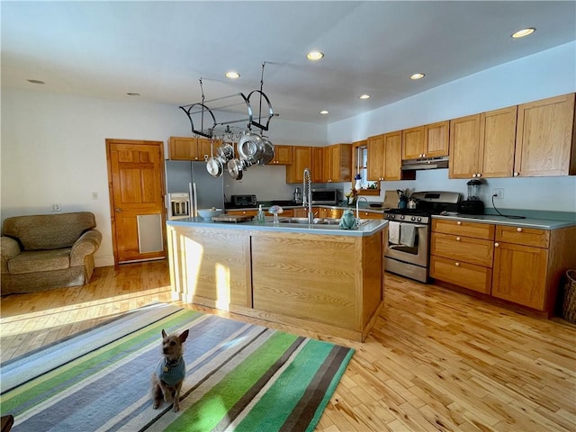 3843 Charlotte Creek Rd, Davenport, NY 13750 - kitchen with stainless steel appliances, under cabinet range hood, light wood-type flooring, recessed lighting, and a kitchen island with sink