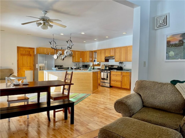 kitchen with appliances with stainless steel finishes, ceiling fan, and light hardwood / wood-style flooring