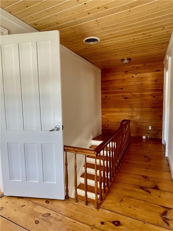 3843 Charlotte Creek Rd, Davenport, NY 13750 - stairs featuring wooden ceiling, wooden walls, and hardwood / wood-style floors