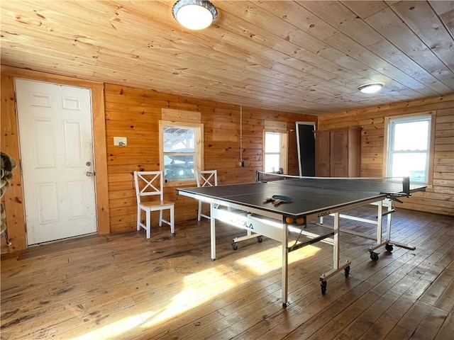 rec room featuring wood-type flooring, wooden ceiling, and wood walls