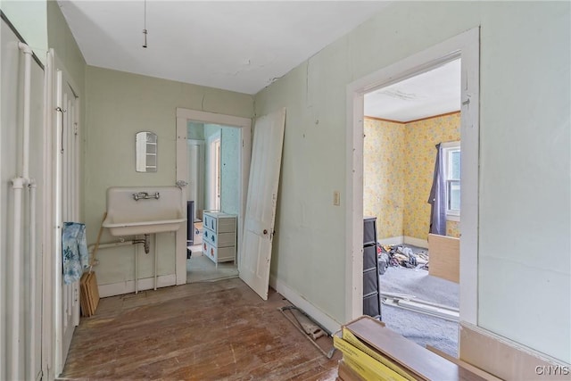 hallway featuring hardwood / wood-style flooring and sink