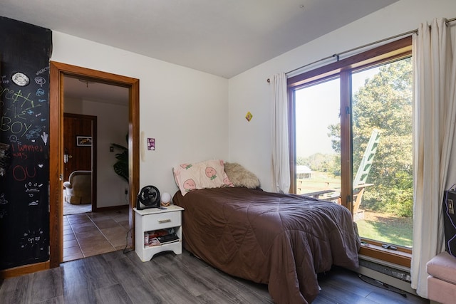 bedroom featuring multiple windows and dark hardwood / wood-style flooring