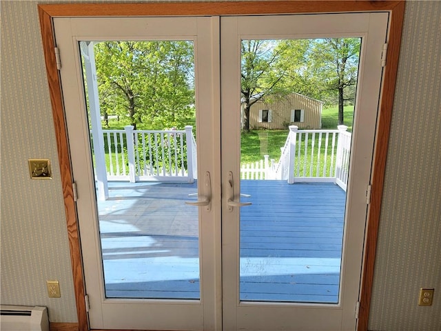 3530 Coats Rd, Hector, NY 14818 - doorway to outside featuring french doors, wallpapered walls, and plenty of natural light