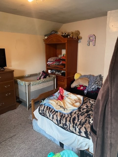 carpeted bedroom with lofted ceiling