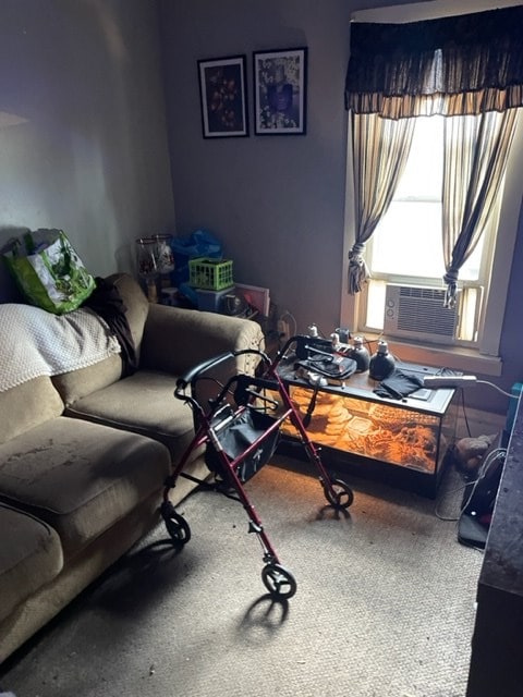 living room featuring cooling unit and carpet