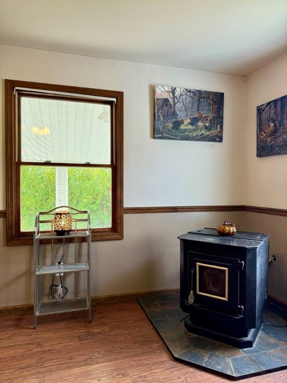 details with wood-type flooring and a wood stove