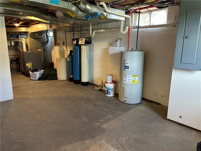 345 Ridge Rd, Veteran, NY 14845 - below grade area with concrete block wall, heating unit, water heater, and electric panel