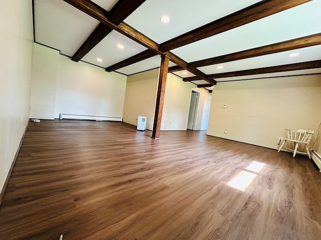 unfurnished living room featuring hardwood / wood-style flooring, beam ceiling, and a baseboard heating unit