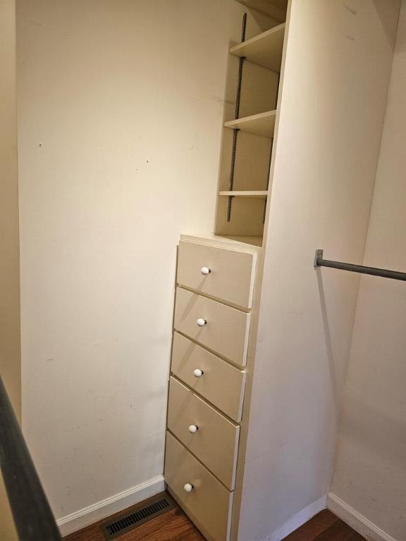 walk in closet with dark wood-type flooring