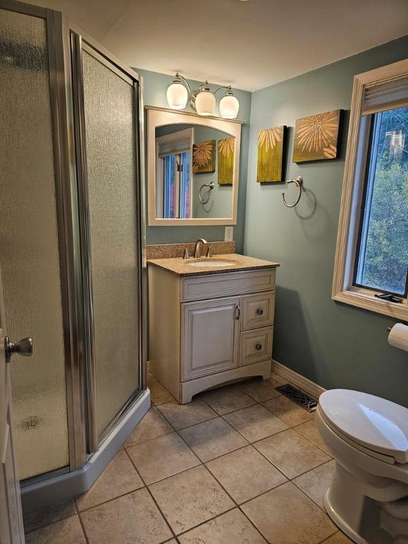 bathroom with a shower with door, vanity, tile patterned flooring, and toilet