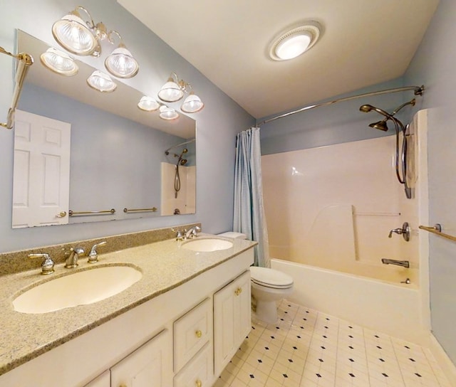 full bathroom featuring vanity, shower / bath combination with curtain, and toilet