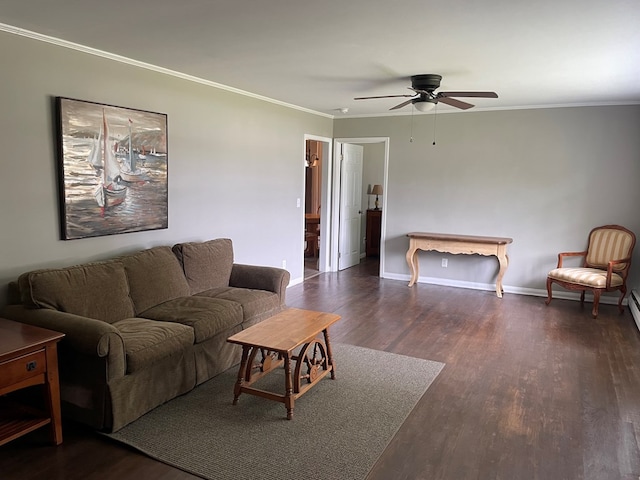 living room with crown molding, ceiling fan, and dark hardwood / wood-style flooring