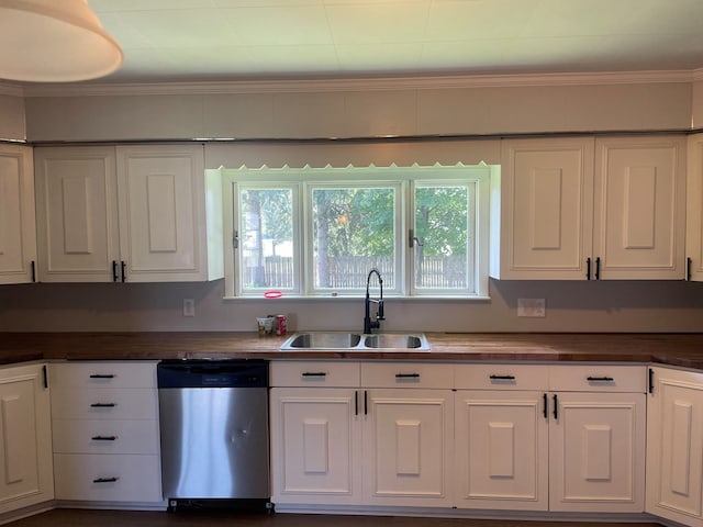 kitchen featuring white cabinetry, sink, crown molding, and dishwasher