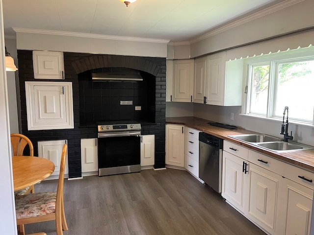 kitchen with sink, stainless steel appliances, dark hardwood / wood-style floors, white cabinets, and wood counters