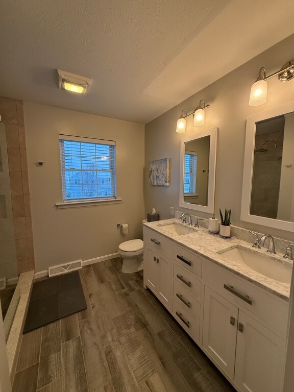 bathroom featuring walk in shower, vanity, toilet, and a textured ceiling