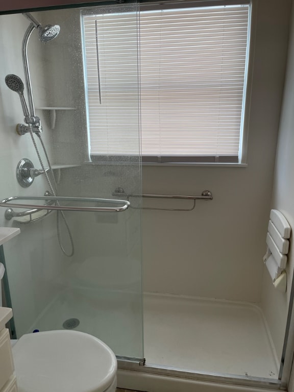 bathroom with a shower with door, vanity, and toilet