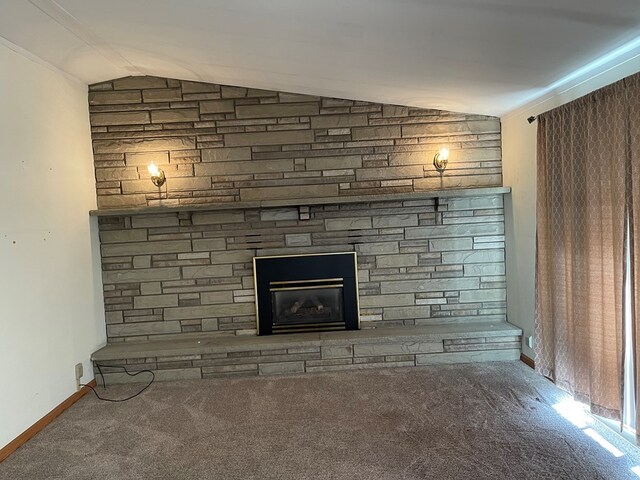 room details with carpet floors and a fireplace