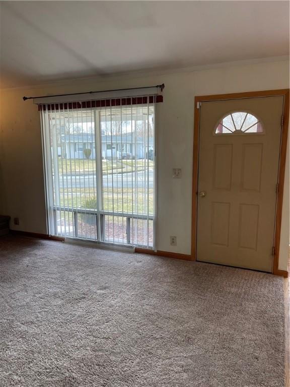 foyer featuring baseboards, carpet flooring, a wealth of natural light, and crown molding