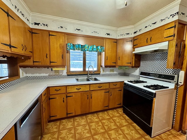 kitchen featuring gas stove, sink, ornamental molding, dishwasher, and decorative backsplash