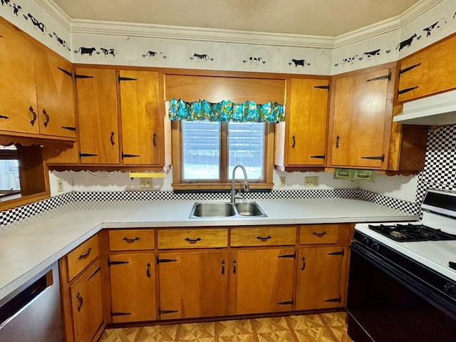 kitchen featuring sink, stainless steel dishwasher, crown molding, and gas range oven