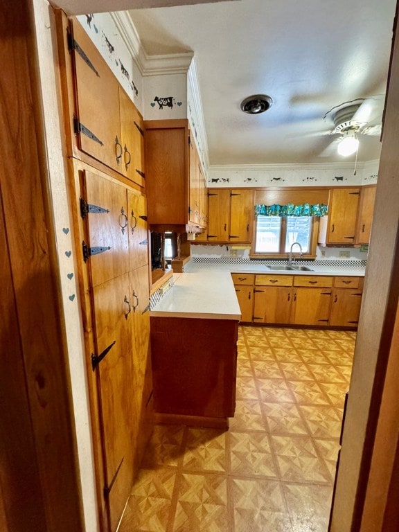 kitchen featuring ceiling fan, ornamental molding, sink, and decorative backsplash