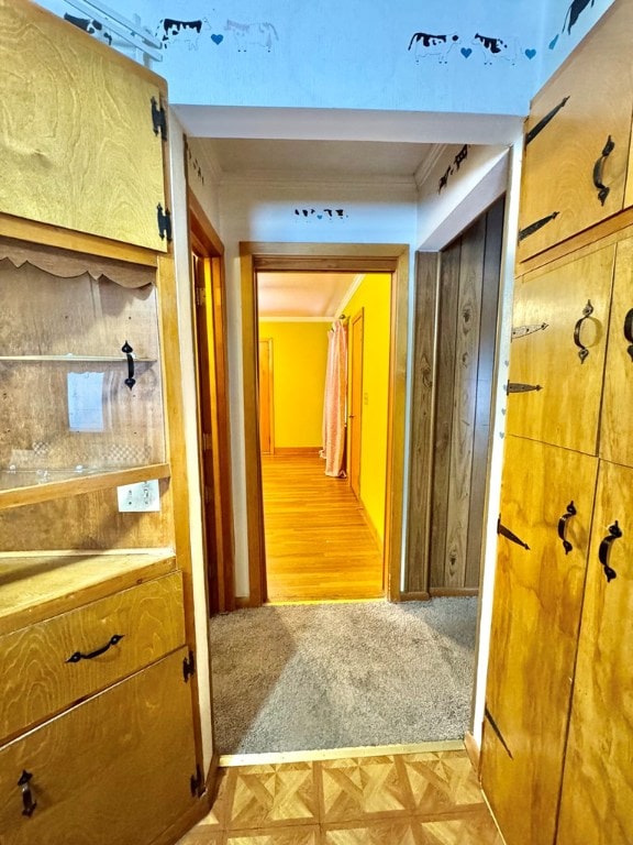 hallway featuring light parquet flooring and ornamental molding