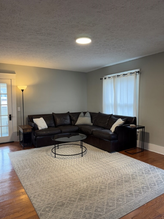 living room with dark hardwood / wood-style flooring and a textured ceiling