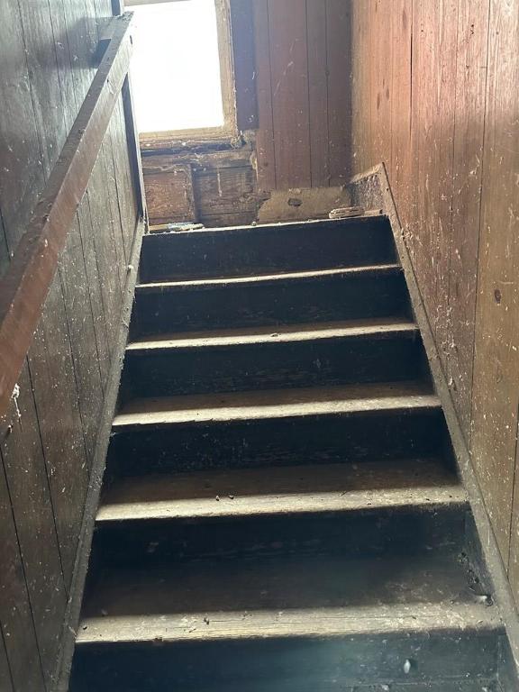 staircase with wood walls