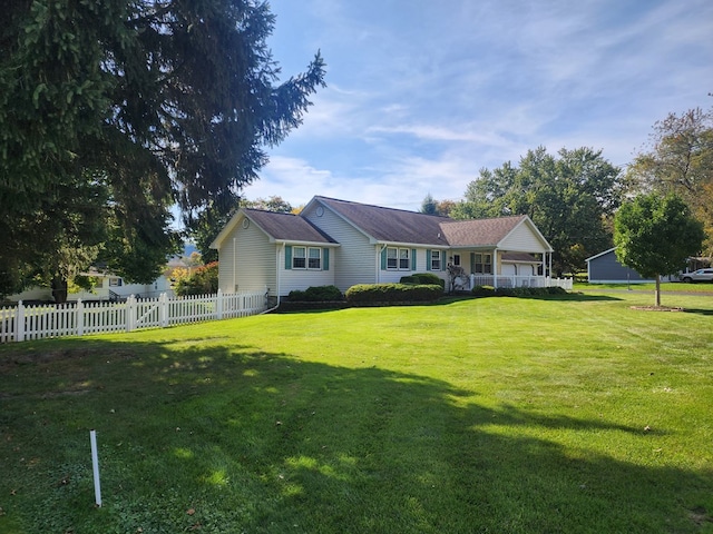 ranch-style home featuring a front lawn and covered porch